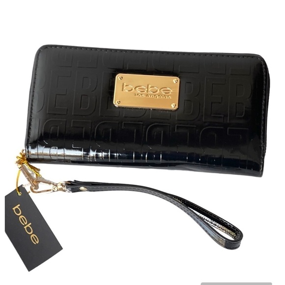 NWT ($49) Bebe Black Wallet Purse Alexandria Wristlet Gold Logo - Picture 4 of 13